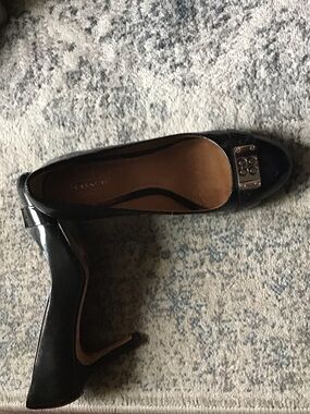 Coach Black Patent Leather Mid Heel Pumps with Silver Plaque